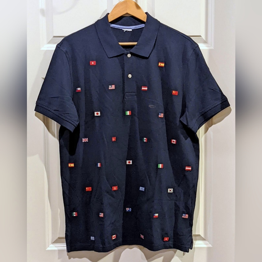 NEW $89.50 Brooks Brothers 1818 Navy Blue Cotton Pique Polo Flags Theme